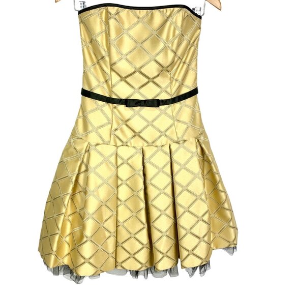 Jessica McClintock Strapless Gold Black Hoco Cocktail Dress Bow Pleats Size 8 - Picture 1 of 11